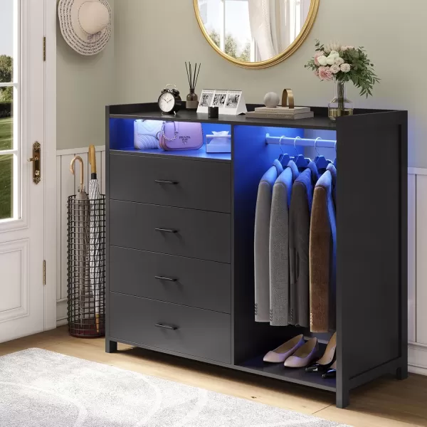 VIAGDO Dresser for Bedroom with Clothes Rail Chest of 4 Drawers with LED Lights Modern White Dresser with Open Storage Space for Bedroom Entryway Large CapacityBlack
