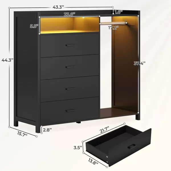 VIAGDO Dresser for Bedroom with Clothes Rail Chest of 4 Drawers with LED Lights Modern White Dresser with Open Storage Space for Bedroom Entryway Large CapacityBlack