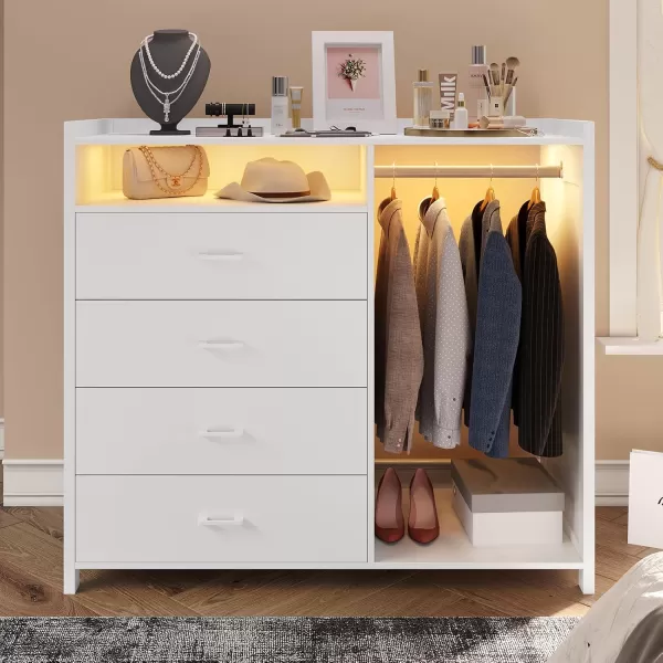 VIAGDO Dresser for Bedroom with Clothes Rail Chest of 4 Drawers with LED Lights Modern White Dresser with Open Storage Space for Bedroom Entryway Large CapacityWhite