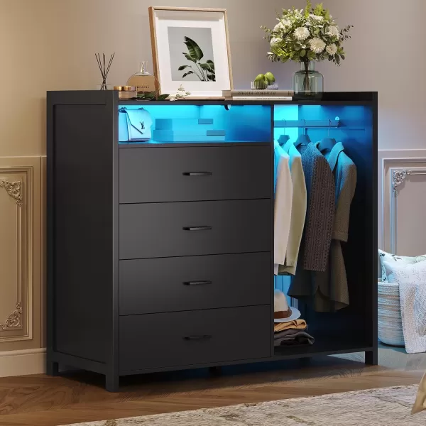 VIAGDO Dresser for Bedroom with Clothes Rail Chest of 4 Drawers with LED Lights Modern White Dresser with Open Storage Space for Bedroom Entryway Large CapacityBlack