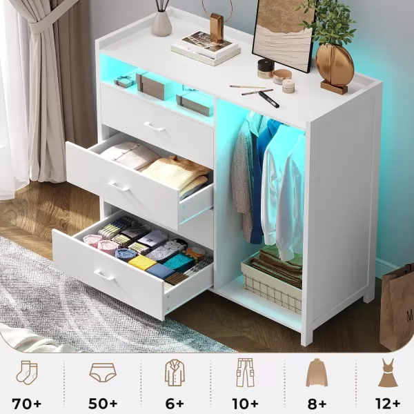 VIAGDO Dresser for Bedroom with Clothes Rail Chest of 4 Drawers with LED Lights Modern White Dresser with Open Storage Space for Bedroom Entryway Large CapacityWhite