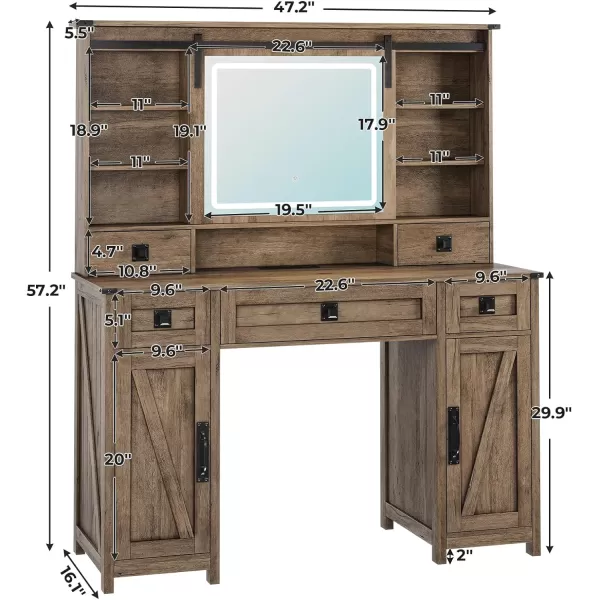 VIAGDO Farmhouse Vanity Desk with Sliding Mirror and Lights 47quot Barn Door Makeup Vanity with Charging Station ampamp 5 Drawers ampamp 2 Cabinets Large Makeup Desk Table with Hidden Shelves for BedroomAntique Oak