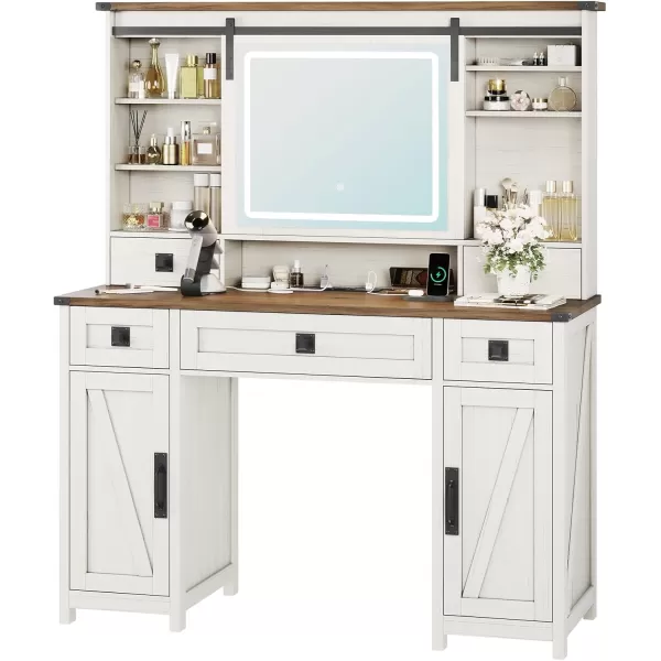 VIAGDO Farmhouse Vanity Desk with Sliding Mirror and Lights 47quot Barn Door Makeup Vanity with Charging Station ampamp 5 Drawers ampamp 2 Cabinets Large Makeup Desk Table with Hidden Shelves for BedroomAntique White