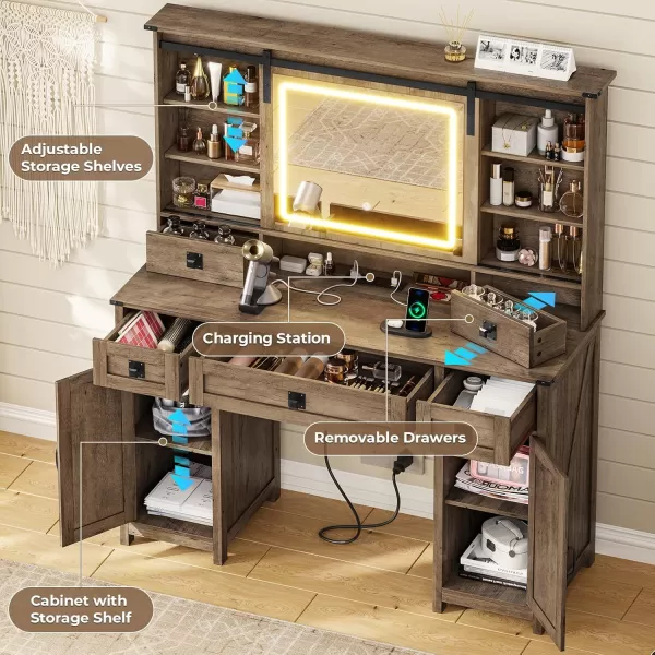 VIAGDO Farmhouse Vanity Desk with Sliding Mirror and Lights 47quot Barn Door Makeup Vanity with Charging Station ampamp 5 Drawers ampamp 2 Cabinets Large Makeup Desk Table with Hidden Shelves for BedroomAntique Oak