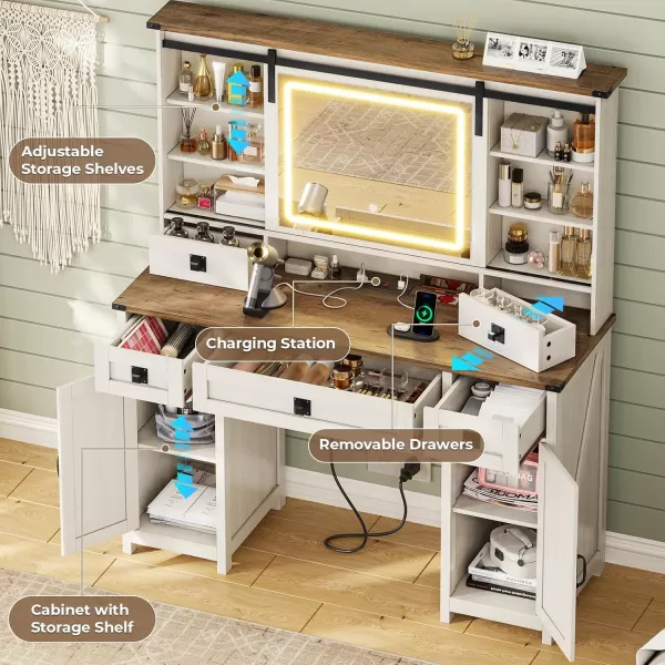 VIAGDO Farmhouse Vanity Desk with Sliding Mirror and Lights 47quot Barn Door Makeup Vanity with Charging Station ampamp 5 Drawers ampamp 2 Cabinets Large Makeup Desk Table with Hidden Shelves for BedroomAntique White