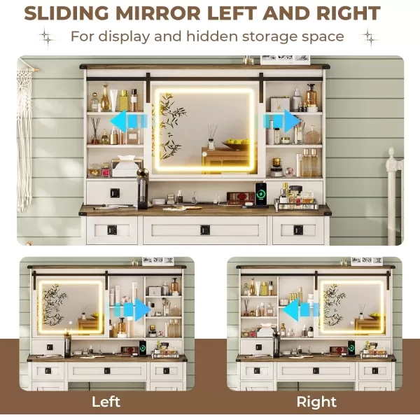 VIAGDO Farmhouse Vanity Desk with Sliding Mirror and Lights 47quot Barn Door Makeup Vanity with Charging Station ampamp 5 Drawers ampamp 2 Cabinets Large Makeup Desk Table with Hidden Shelves for BedroomAntique White
