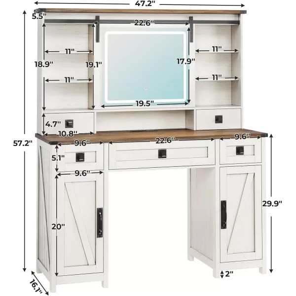 VIAGDO Farmhouse Vanity Desk with Sliding Mirror and Lights 47quot Barn Door Makeup Vanity with Charging Station ampamp 5 Drawers ampamp 2 Cabinets Large Makeup Desk Table with Hidden Shelves for BedroomAntique White