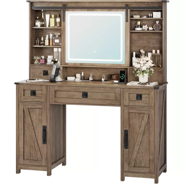 VIAGDO Farmhouse Vanity Desk with Sliding Mirror and Lights 47quot Barn Door Makeup Vanity with Charging Station ampamp 5 Drawers ampamp 2 Cabinets Large Makeup Desk Table with Hidden Shelves for BedroomAntique Oak