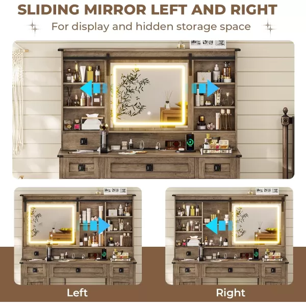 VIAGDO Farmhouse Vanity Desk with Sliding Mirror and Lights 47quot Barn Door Makeup Vanity with Charging Station ampamp 5 Drawers ampamp 2 Cabinets Large Makeup Desk Table with Hidden Shelves for BedroomAntique Oak