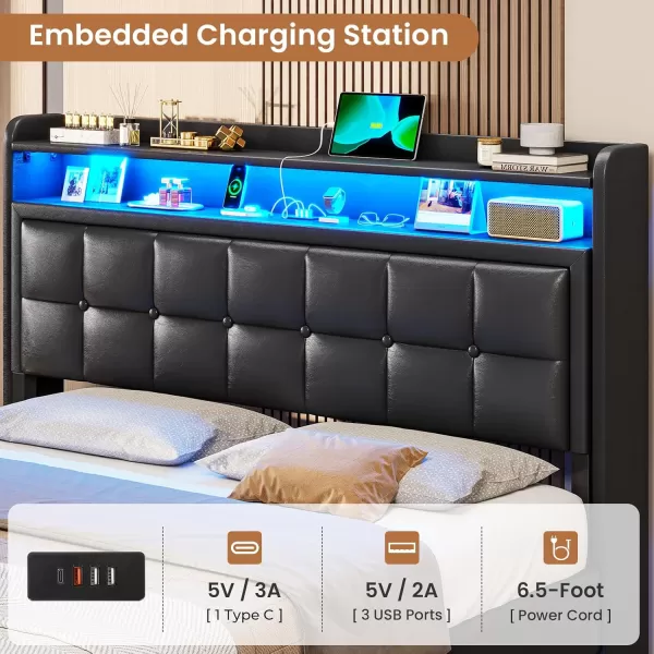 VIAGDO Floating Bed Frame Full Size with Storage Headboard Type C and 3 USB Charging Station Upholstered Bed Frame with Led Lights Visual Floating Hidden Storage No Box Spring Needed BlackQueen