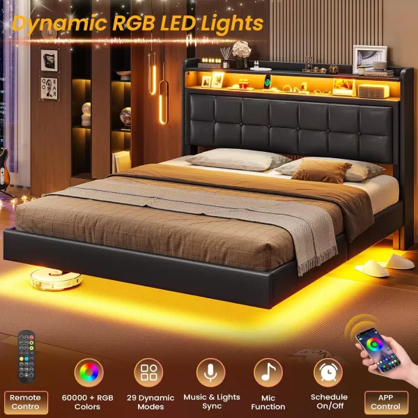 VIAGDO Floating Bed Frame Full Size with Storage Headboard Type C and 3 USB Charging Station Upholstered Bed Frame with Led Lights Visual Floating Hidden Storage No Box Spring Needed BlackQueen