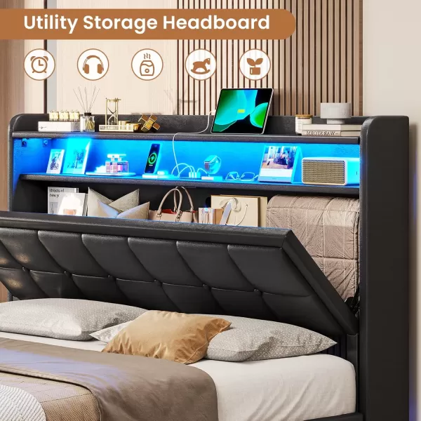 VIAGDO Floating Bed Frame Full Size with Storage Headboard Type C and 3 USB Charging Station Upholstered Bed Frame with Led Lights Visual Floating Hidden Storage No Box Spring Needed BlackQueen
