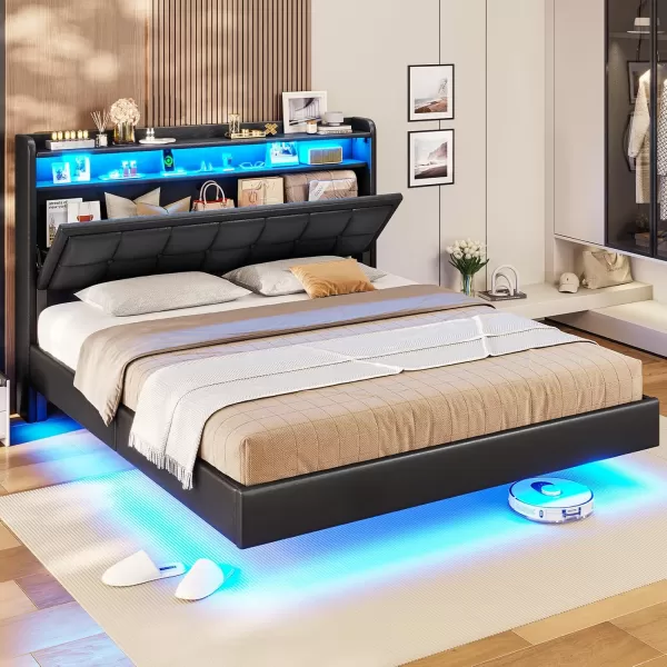 VIAGDO Floating Bed Frame Full Size with Storage Headboard Type C and 3 USB Charging Station Upholstered Bed Frame with Led Lights Visual Floating Hidden Storage No Box Spring Needed BlackQueen