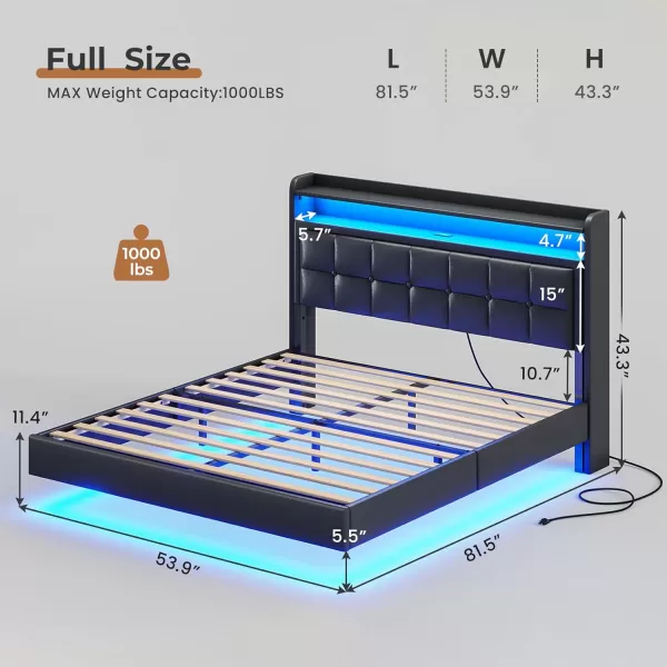 VIAGDO Floating Bed Frame Full Size with Storage Headboard Type C and 3 USB Charging Station Upholstered Bed Frame with Led Lights Visual Floating Hidden Storage No Box Spring Needed BlackFull