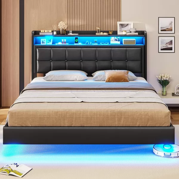 VIAGDO Floating Bed Frame Full Size with Storage Headboard Type C and 3 USB Charging Station Upholstered Bed Frame with Led Lights Visual Floating Hidden Storage No Box Spring Needed BlackQueen