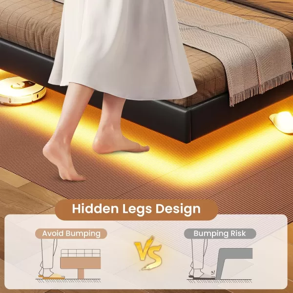 VIAGDO Floating Bed Frame Full Size with Storage Headboard Type C and 3 USB Charging Station Upholstered Bed Frame with Led Lights Visual Floating Hidden Storage No Box Spring Needed BlackQueen
