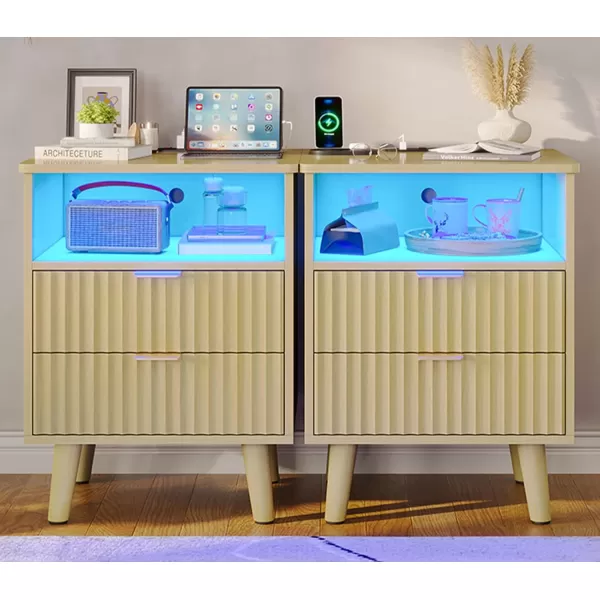 VIAGDO Fluted Nightstand with Charging Station and LED Lights Modern Night Stand with 2 Drawers and Open Storage Cabinet Bed Side Table with Gold Metal Handle for Bedroom Natural OakNatural Oak