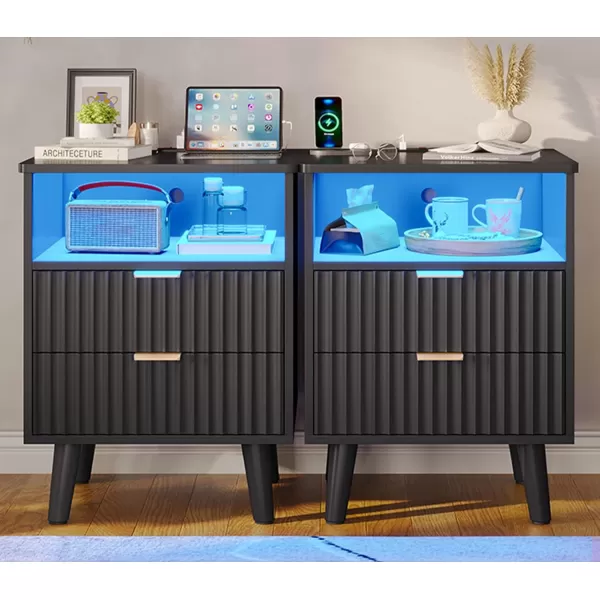 VIAGDO Fluted Nightstand with Charging Station and LED Lights Modern Night Stand with 2 Drawers and Open Storage Cabinet Bed Side Table with Gold Metal Handle for Bedroom Natural OakBlack