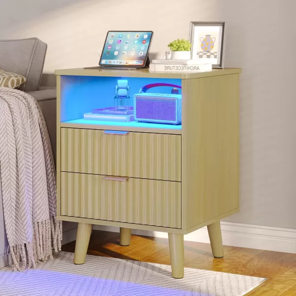 VIAGDO Fluted Nightstand with Charging Station and LED Lights Modern Night Stand with 2 Drawers and Open Storage Cabinet Bed Side Table with Gold Metal Handle for Bedroom Natural OakNatural Oak
