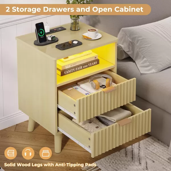VIAGDO Fluted Nightstand with Charging Station and LED Lights Modern Night Stand with 2 Drawers and Open Storage Cabinet Bed Side Table with Gold Metal Handle for Bedroom Natural OakNatural Oak