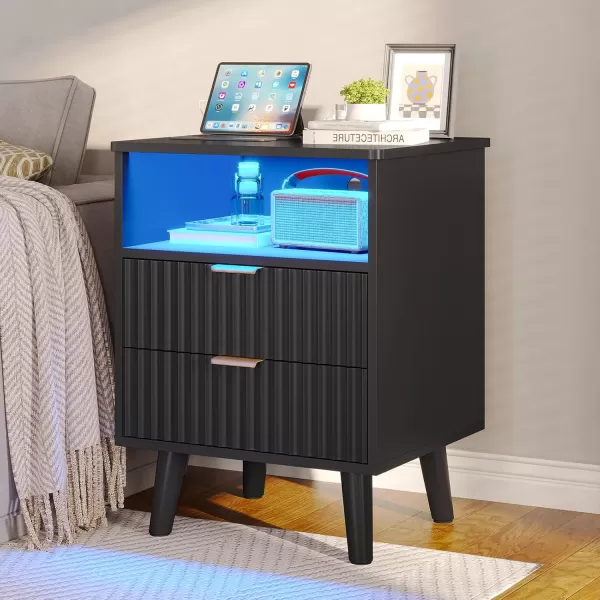 VIAGDO Fluted Nightstand with Charging Station and LED Lights Modern Night Stand with 2 Drawers and Open Storage Cabinet Bed Side Table with Gold Metal Handle for Bedroom Natural OakBlack