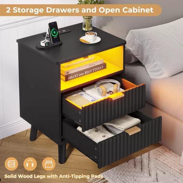 VIAGDO Fluted Nightstand with Charging Station and LED Lights Modern Night Stand with 2 Drawers and Open Storage Cabinet Bed Side Table with Gold Metal Handle for Bedroom Natural OakBlack