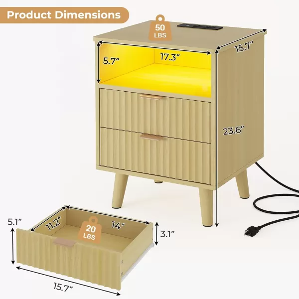 VIAGDO Fluted Nightstand with Charging Station and LED Lights Modern Night Stand with 2 Drawers and Open Storage Cabinet Bed Side Table with Gold Metal Handle for Bedroom Natural OakNatural Oak
