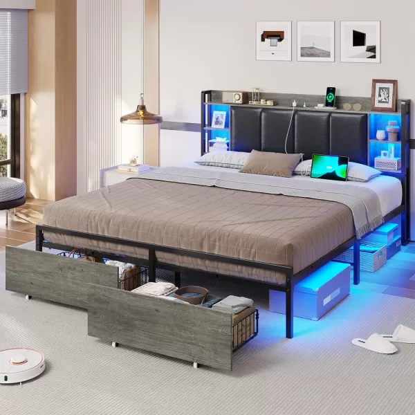 VIAGDO King Size Bed Frame with Charging Station Upholstered Storage Headboard and LED Lights LED Platform Bed Frame with Drawers No Box Spring Needed Easy Assembly Grey and BlackGrey