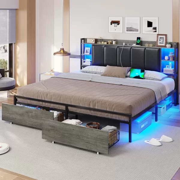 VIAGDO King Size Bed Frame with Charging Station Upholstered Storage Headboard and LED Lights LED Platform Bed Frame with Drawers No Box Spring Needed Easy Assembly Grey and BlackGrey