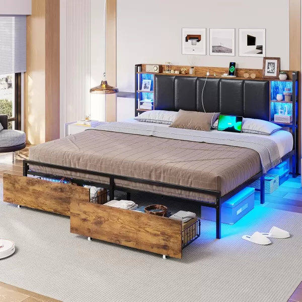VIAGDO King Size Bed Frame with Charging Station Upholstered Storage Headboard and LED Lights LED Platform Bed Frame with Drawers No Box Spring Needed Easy Assembly Grey and BlackVintage Brown