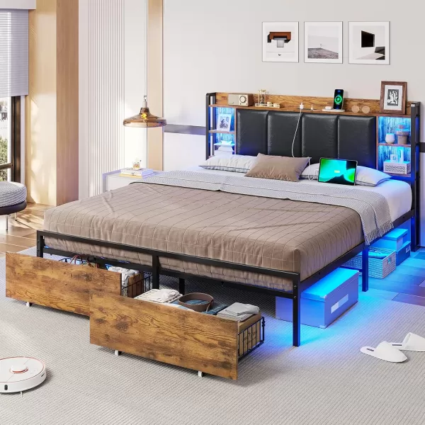 VIAGDO King Size Bed Frame with Charging Station Upholstered Storage Headboard and LED Lights LED Platform Bed Frame with Drawers No Box Spring Needed Easy Assembly Grey and BlackVintage Brown