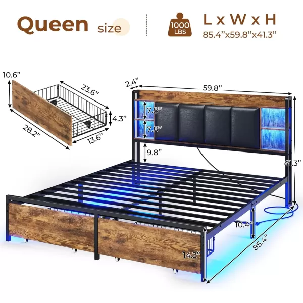 VIAGDO King Size Bed Frame with Charging Station Upholstered Storage Headboard and LED Lights LED Platform Bed Frame with Drawers No Box Spring Needed Easy Assembly Grey and BlackVintage Brown