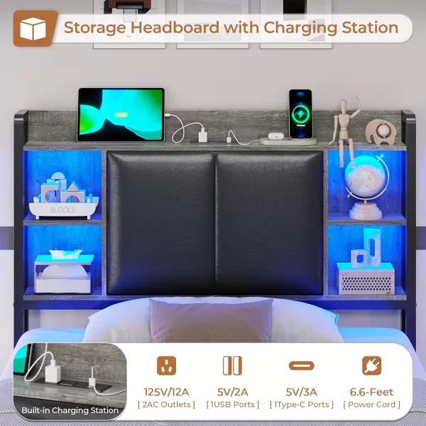 VIAGDO King Size Bed Frame with Charging Station Upholstered Storage Headboard and LED Lights LED Platform Bed Frame with Drawers No Box Spring Needed Easy Assembly Grey and BlackGrey