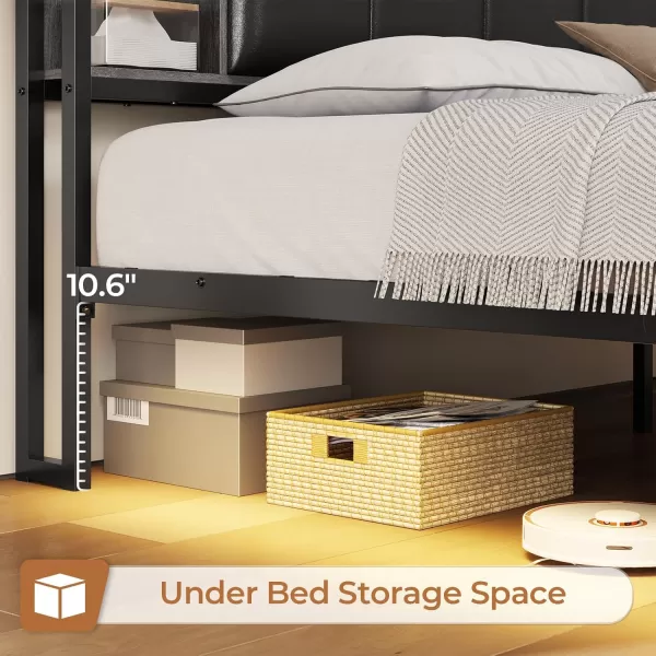 VIAGDO King Size Bed Frame with Charging Station Upholstered Storage Headboard and LED Lights LED Platform Bed Frame with Drawers No Box Spring Needed Easy Assembly Grey and BlackGrey