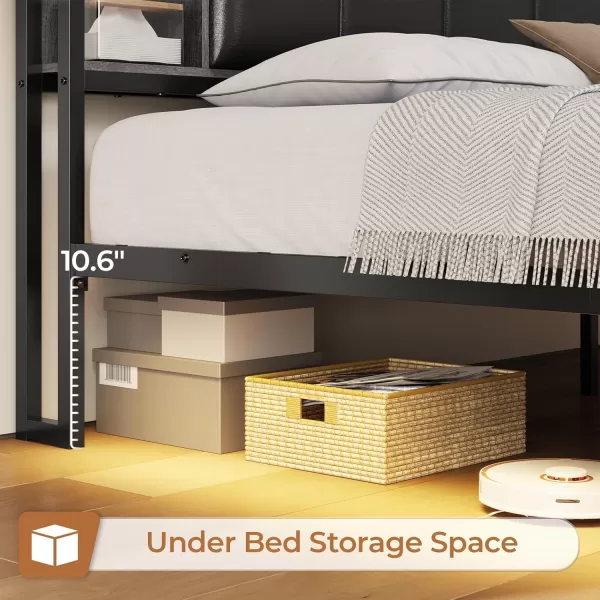 VIAGDO King Size Bed Frame with Charging Station Upholstered Storage Headboard and LED Lights LED Platform Bed Frame with Drawers No Box Spring Needed Easy Assembly Grey and BlackGrey