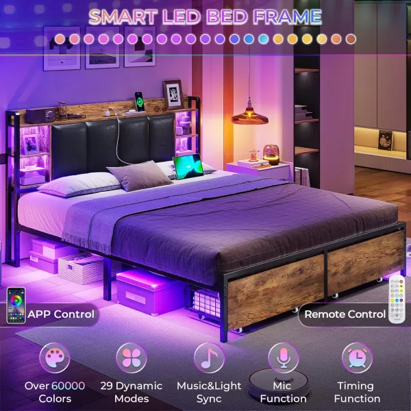 VIAGDO King Size Bed Frame with Charging Station Upholstered Storage Headboard and LED Lights LED Platform Bed Frame with Drawers No Box Spring Needed Easy Assembly Grey and BlackVintage Brown