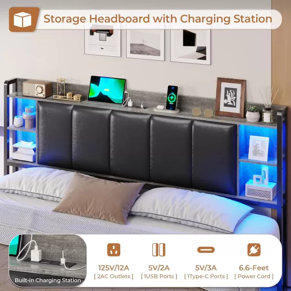 VIAGDO King Size Bed Frame with Charging Station Upholstered Storage Headboard and LED Lights LED Platform Bed Frame with Drawers No Box Spring Needed Easy Assembly Grey and BlackGrey