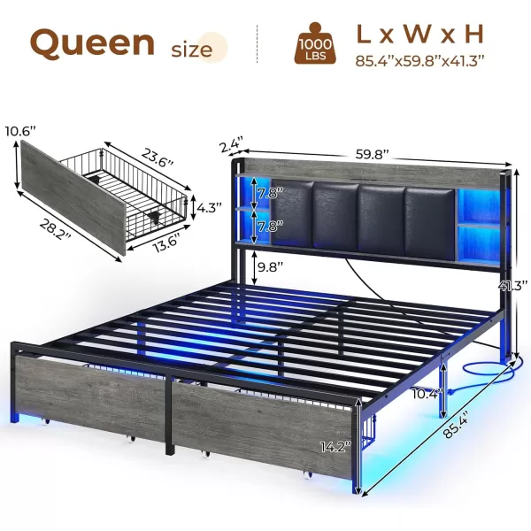 VIAGDO King Size Bed Frame with Charging Station Upholstered Storage Headboard and LED Lights LED Platform Bed Frame with Drawers No Box Spring Needed Easy Assembly Grey and BlackGrey