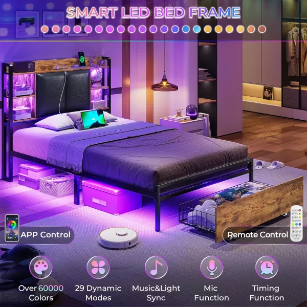 VIAGDO King Size Bed Frame with Charging Station Upholstered Storage Headboard and LED Lights LED Platform Bed Frame with Drawers No Box Spring Needed Easy Assembly Grey and BlackVintage Brown
