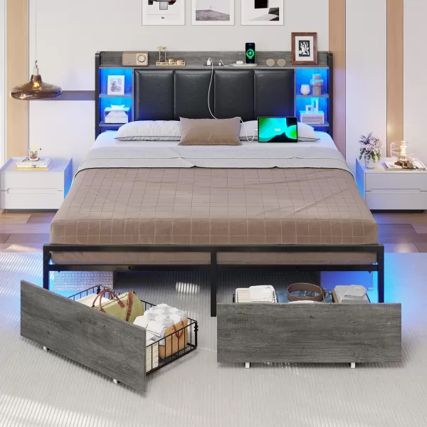 VIAGDO King Size Bed Frame with Charging Station Upholstered Storage Headboard and LED Lights LED Platform Bed Frame with Drawers No Box Spring Needed Easy Assembly Grey and BlackGrey