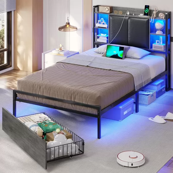 VIAGDO King Size Bed Frame with Charging Station Upholstered Storage Headboard and LED Lights LED Platform Bed Frame with Drawers No Box Spring Needed Easy Assembly Grey and BlackGrey