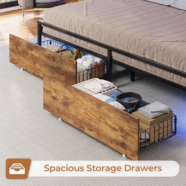 VIAGDO King Size Bed Frame with Charging Station Upholstered Storage Headboard and LED Lights LED Platform Bed Frame with Drawers No Box Spring Needed Easy Assembly Grey and BlackVintage Brown