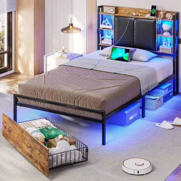 VIAGDO King Size Bed Frame with Charging Station Upholstered Storage Headboard and LED Lights LED Platform Bed Frame with Drawers No Box Spring Needed Easy Assembly Grey and BlackVintage Brown