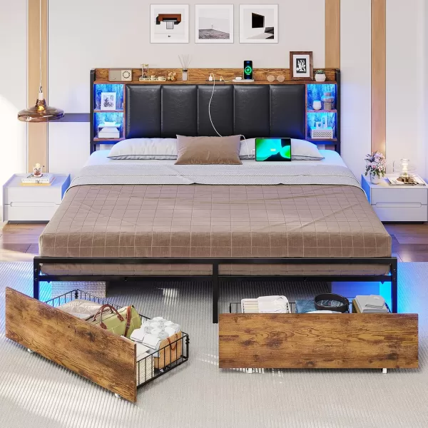 VIAGDO King Size Bed Frame with Charging Station Upholstered Storage Headboard and LED Lights LED Platform Bed Frame with Drawers No Box Spring Needed Easy Assembly Grey and BlackVintage Brown