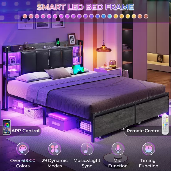 VIAGDO King Size Bed Frame with Charging Station Upholstered Storage Headboard and LED Lights LED Platform Bed Frame with Drawers No Box Spring Needed Easy Assembly Grey and BlackGrey