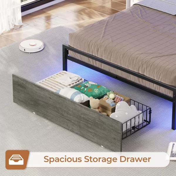 VIAGDO King Size Bed Frame with Charging Station Upholstered Storage Headboard and LED Lights LED Platform Bed Frame with Drawers No Box Spring Needed Easy Assembly Grey and BlackGrey