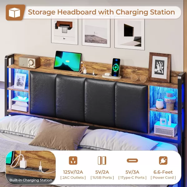 VIAGDO King Size Bed Frame with Charging Station Upholstered Storage Headboard and LED Lights LED Platform Bed Frame with Drawers No Box Spring Needed Easy Assembly Grey and BlackVintage Brown