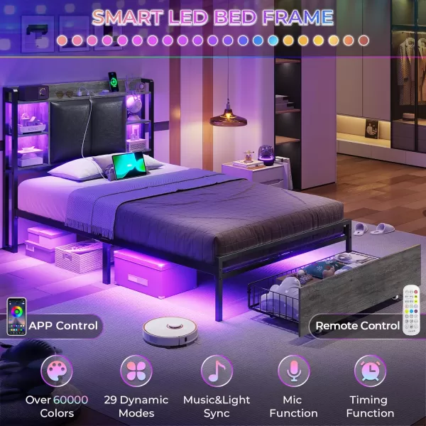 VIAGDO King Size Bed Frame with Charging Station Upholstered Storage Headboard and LED Lights LED Platform Bed Frame with Drawers No Box Spring Needed Easy Assembly Grey and BlackGrey