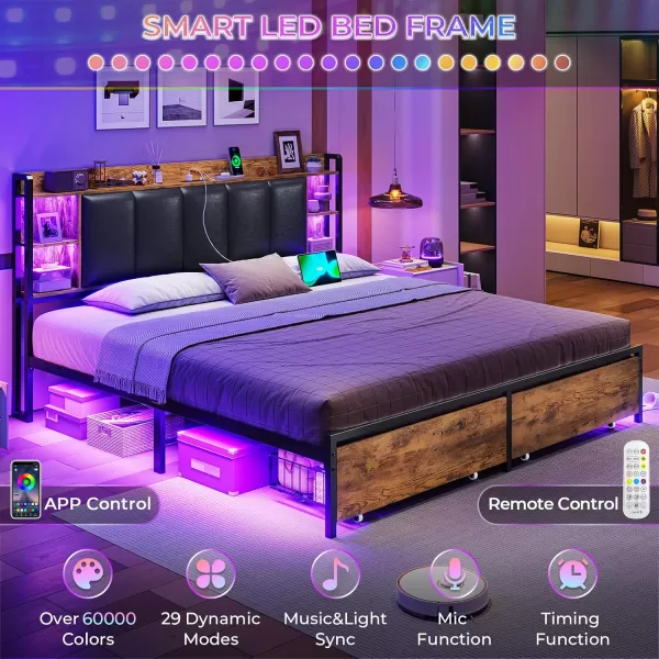 VIAGDO King Size Bed Frame with Charging Station Upholstered Storage Headboard and LED Lights LED Platform Bed Frame with Drawers No Box Spring Needed Easy Assembly Grey and BlackVintage Brown