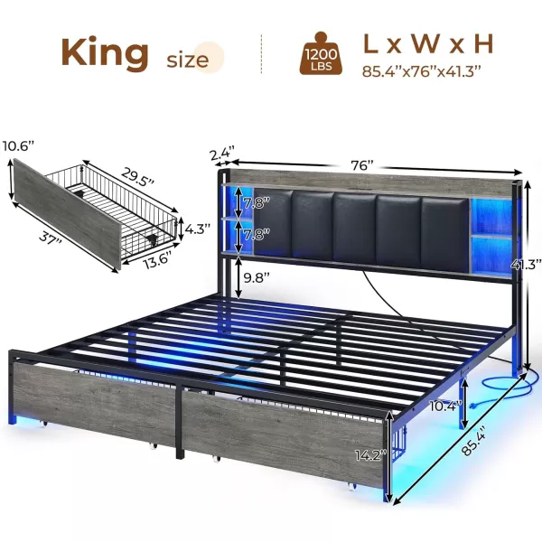 VIAGDO King Size Bed Frame with Charging Station Upholstered Storage Headboard and LED Lights LED Platform Bed Frame with Drawers No Box Spring Needed Easy Assembly Grey and BlackGrey
